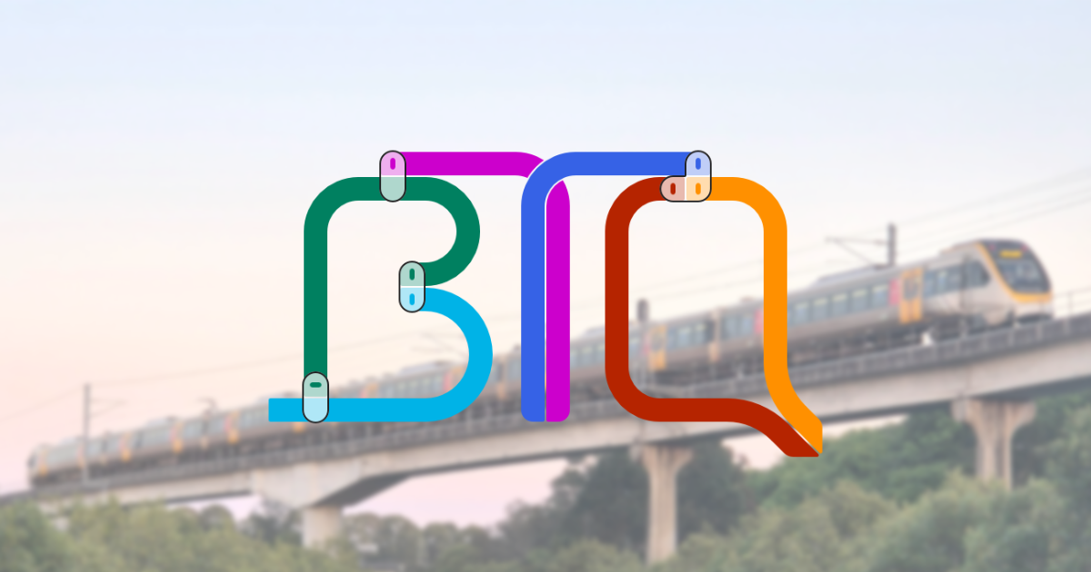 Better Transport Queensland logo with airport train on viaduct in the background.